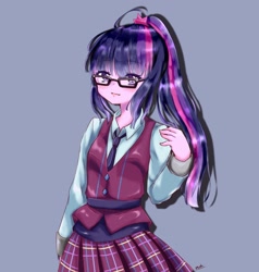 Size: 1950x2048 | Tagged: safe, artist:moh_mlp2, sci-twi, twilight sparkle, equestria girls, friendship games, anime, blue background, clothes, crystal prep academy uniform, cute, female, looking at you, necktie, open mouth, ponytail, school uniform, simple background, solo, twiabetes