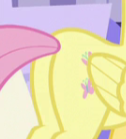 Size: 126x139 | Tagged: safe, screencap, fluttershy, pegasus, pony, the last laugh, butt, butt only, close-up, closed wing, cropped, flutterbutt, picture for breezies, plot