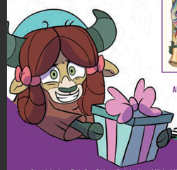 Size: 353x339 | Tagged: safe, artist:nanook123, idw, yona, yak, spoiler:comic, spoiler:comicholiday2019, bow, cloven hooves, female, hair bow, monkey swings, nervous, preview