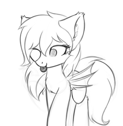 Size: 1632x1674 | Tagged: safe, artist:krash42, oc, oc only, bat pony, pony, bat pony oc, bat wings, chest fluff, cookie, cute, ear fluff, fangs, female, food, mare, monochrome, mouth hold, newbie artist training grounds, one eye closed, oreo, simple background, sketch, solo, white background, wings
