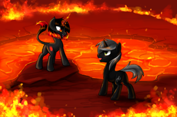 Size: 2800x1850 | Tagged: source needed, useless source url, safe, artist:hellaoggi, oc, oc only, oc:ada, pony, unicorn, d'lirium, female, fire, glowing horn, horn, lava, looking at each other, magic, male