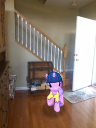Size: 3024x4032 | Tagged: safe, photographer:undeadponysoldier, pony, unicorn, augmented reality, clothes, door, dress, female, gameloft, irl, mare, photo, ponies in real life, solo, stairs, trunk