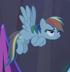 Size: 451x464 | Tagged: safe, screencap, mean rainbow dash, the mean 6, bored, clone, cropped, crossed hooves, flying, frown, solo, spread wings, wings