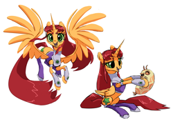 Size: 1000x707 | Tagged: safe, artist:house-of-tykayl, part of a set, alicorn, pony, beanbrows, clothes, costume, crossover, eyebrows, flying, hoof hold, looking at you, ponified, silkie, simple background, smiling, solo, species swap, starfire, teen titans, white background