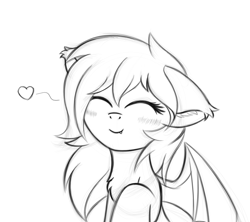 Size: 1510x1340 | Tagged: safe, artist:krash42, oc, oc only, bat pony, pony, bat pony oc, bat wings, blushing, chest fluff, cute, ear fluff, eyes closed, fangs, female, floppy ears, heart, mare, monochrome, newbie artist training grounds, raised hoof, simple background, solo, white background, wings