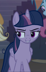 Size: 609x940 | Tagged: safe, screencap, mean twilight sparkle, the mean 6, cropped, lidded eyes, offscreen character, smiling, smirk, solo focus