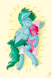 Size: 1675x2500 | Tagged: safe, artist:midnightfire1222, pinkie pie, oc, oc:sure shot, earth pony, pegasus, pony, kissing, pinkie pie pillow, sleeping, solo