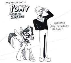 Size: 704x619 | Tagged: safe, twilight sparkle, twilight sparkle (alicorn), oc, oc:anon, alicorn, pony, /mlp/, 4chan, duo, lineart, monochrome, salute, the pony machine learning project