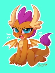 Size: 1200x1600 | Tagged: safe, artist:colorfulcolor233, smolder, dragon, uprooted, angry, blue background, blushing, cute, dragoness, female, looking at you, open mouth, signature, simple background, smolderbetes, smoldere, solo, tsundere