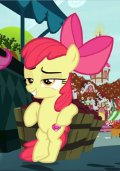 Size: 660x940 | Tagged: safe, screencap, apple bloom, earth pony, pony, the big mac question, bipedal, bipedal leaning, bow, cool, cropped, female, filly, hair bow, leaning, lidded eyes, offscreen character, raised eyebrow, smiling, smirk, smug, solo, solo focus, sugarcube corner