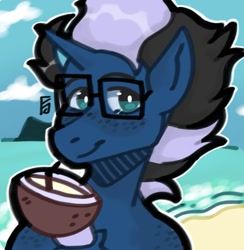 Size: 955x980 | Tagged: safe, artist:_yuridesu, oc, oc:shabaco, unicorn, coconut, drinking, food, glasses, head, male, sand, solo, water