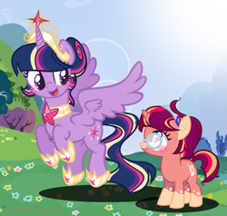 Size: 1645x1569 | Tagged: safe, artist:awoomarblesoda, twilight sparkle, twilight sparkle (alicorn), oc, oc:tarot spell, alicorn, pony, unicorn, big crown thingy, element of magic, female, filly, glasses, hoof shoes, jewelry, mother and child, mother and daughter, offspring, parent and child, parent:sunburst, parent:twilight sparkle, parents:twiburst, regalia