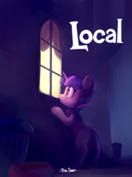 Size: 640x854 | Tagged: safe, artist:lilfunkman, twilight sparkle, unicorn, bipedal, bipedal leaning, building, fanfic, fanfic art, fanfic cover, female, horn, leaning, mare, night, scared, solo, text, window