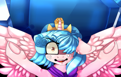 Size: 5727x3641 | Tagged: safe, artist:fluffideer, cozy glow, alicorn, pony, the ending of the end, alicornified, cozycorn, crazy glow, crown, hair over one eye, insanity, jewelry, outstretched arms, race swap, regalia, solo, spread wings, wings