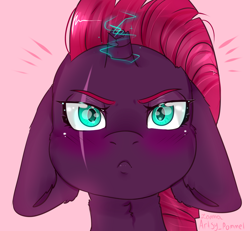 Size: 2500x2311 | Tagged: safe, artist:mojmojsanna, tempest shadow, pony, unicorn, angry, blushing, broken horn, bust, cute, eye scar, female, floppy ears, frown, glowing horn, horn, magic, mare, pink background, portrait, scar, signature, simple background, solo, tempestbetes, tsundere, tsundere shadow