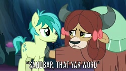 Size: 1280x720 | Tagged: safe, screencap, sandbar, yona, earth pony, pony, yak, uprooted, bow, cave of harmony, cloven hooves, comforting, cute, duo, female, friends, hair bow, horns, looking at each other, male, monkey swings, sandabetes, teenager, upset, yonadorable