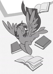 Size: 1236x1732 | Tagged: safe, seven seas, twilight sparkle, twilight sparkle (alicorn), alicorn, pony, my little pony: the manga, my little pony: the manga volume 1, spoiler:manga, spoiler:manga1, black and white, book, cute, grayscale, happy, monochrome, twiabetes