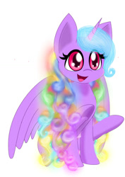 Size: 744x1052 | Tagged: safe, artist:auroraswirls, oc, oc only, oc:aurora swirls, alicorn, pony, :d, alicorn oc, female, mare, multicolored hair, open mouth, rainbow hair, simple background, smiling, solo, underhoof, white background