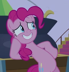 Size: 761x793 | Tagged: safe, edit, edited screencap, screencap, pinkie pie, earth pony, pony, the summer sun setback, belly, bipedal, bipedal leaning, cauldron, cropped, female, grin, hoof on cheek, hoof on hip, leaning, mare, nervous, nervous grin, smiling, solo