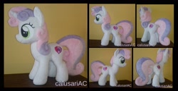 Size: 1808x936 | Tagged: safe, artist:calusariac, sweetie belle, pony, unicorn, cutie mark, irl, photo, plushie, solo, the cmc's cutie marks