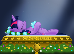 Size: 800x579 | Tagged: safe, artist:jhayarr23, flash sentry, twilight sparkle, twilight sparkle (alicorn), alicorn, pony, bride, corpse, dark background, eyes closed, female, flower, flower in hair, groom, light, mare, solo, wedding, wedding dress