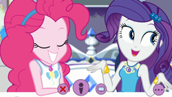 Size: 1920x1080 | Tagged: safe, screencap, pinkie pie, rarity, better together, do it for the ponygram!, equestria girls, bracelet, cute, diapinkes, duo, duo female, eyes closed, female, geode of shielding, geode of sugar bombs, jewelry, magical geodes, open mouth, raribetes, rarity's bedroom, recording, smiling, webcam