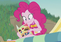 Size: 1456x994 | Tagged: safe, screencap, feather bangs, pinkie pie, better together, equestria girls, friendship math, beach, beach chair, clothes, cropped, cute, diapinkes, faic, female, geode of sugar bombs, magazine, magical geodes, male, outdoors, ponk, sleeveless, smiling, swimsuit