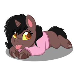 Size: 4093x4093 | Tagged: safe, artist:jcosneverexisted, oc, oc only, oc:loki ebonhoof, pony, unicorn, my little pony: pony life, clothes, female, hoodie, looking at you, lying, prone, solo, tongue out, unshorn fetlocks