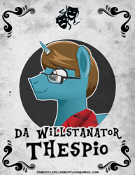 Size: 500x647 | Tagged: safe, alternate version, artist:samoht-lion, oc, oc only, oc:dawillstanator, pony, unicorn, clothes, glasses, horn, male, smiling, solo, stallion, text, unicorn oc