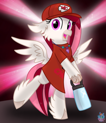 Size: 1205x1400 | Tagged: safe, artist:rainbow eevee, oc, oc only, oc:velvet skies, classical hippogriff, hippogriff, adoraskies, bipedal, clothes, cute, female, hat, holding, hydro flask, jewelry, kansas city chiefs, lights, looking at you, necklace, open mouth, shirt, solo, spread wings, standing, standing on one leg, water bottle, wings