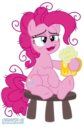 Size: 1900x2881 | Tagged: safe, artist:kuren247, pinkie pie, earth pony, pony, alcohol, beer, blushing, drunk, drunkie pie, frizzy hair, mug, simple background, solo, stool, transparent background, vector