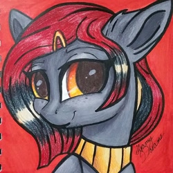 Size: 1477x1477 | Tagged: safe, artist:gleamydreams, oc, oc only, oc:serpentine, earth pony, pony, female, freckles, hairclip, jewelry, looking at you, mare, necklace, orange eyes, red hair, smiling, smiling at you, solo, traditional art