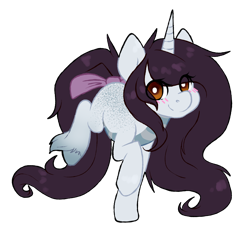 Size: 1794x1657 | Tagged: safe, artist:pomrawr, oc, oc only, pony, unicorn, blushing, body freckles, bow, eye clipping through hair, female, freckles, hoof fluff, horn, mare, simple background, solo, tail bow, transparent background, unicorn oc, unshorn fetlocks