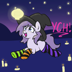 Size: 2100x2100 | Tagged: safe, artist:lannielona, pony, advertisement, candle, clothes, commission, female, grass, hat, lantern, looking up, mare, night, prone, socks, solo, striped socks, witch, witch hat, your character here