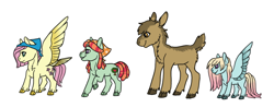 Size: 1166x459 | Tagged: safe, artist:phobicalbino, fluttershy, tree hugger, oc, oc:hazelnut, oc:peaceful sunrise, earth pony, moose, pegasus, pony, adopted offspring, bandana, calf, cloven hooves, dewclaw, family, female, flutterhugger, lesbian, magical lesbian spawn, mare, next generation, offspring, parent:fluttershy, parent:tree hugger, parents:flutterhugger, quartet, shipping, spread wings, wings