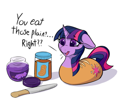 Size: 2100x1900 | Tagged: safe, artist:cinnamonnnnn, twilight sparkle, bread pony, food pony, pony, unicorn, adorable distress, bread, concerned, cute, dialogue, food, food transformation, implied vore, jam, knife, literal, not salmon, peanut butter, peanut butter jelly time, ponyloaf, solo, transformation, wat