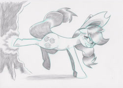 Size: 1592x1143 | Tagged: safe, artist:saturdaymorningproj, derpibooru import, applejack, earth pony, pony, applebucking, female, looking at you, mare, monochrome, pencil drawing, simple background, sketch, solo, traditional art, tree, white background