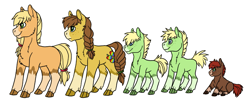 Size: 1241x520 | Tagged: safe, artist:phobicalbino, applejack, oc, oc:dust storm, oc:gingergold, oc:hay bale, oc:jonagold jam, earth pony, pony, braid, braided tail, colt, family, female, foal, male, mare, next generation, offspring, parent:applejack, parent:caramel, parents:carajack, simple background, socks (coat marking), twins, white background