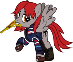 Size: 1331x1126 | Tagged: safe, artist:lightningbolt, derpibooru exclusive, pegasus, pony, .svg available, bags under eyes, boots, clothes, danger days: the true lives of the fabulous killjoys, dyed mane, dyed tail, fangs, fingerless gloves, gerard way, gloves, jacket, male, mouth hold, my chemical romance, ponified, raised hoof, raised leg, ray gun, shirt, shoes, simple background, solo, spread wings, stallion, svg, tattered, tattered wings, transparent background, undershirt, vector, wings, zipper