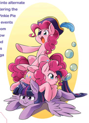 Size: 1355x1860 | Tagged: safe, derpibooru import, seven seas, pinkie pie, twilight sparkle, twilight sparkle (alicorn), alicorn, earth pony, pony, my little pony: the manga, my little pony: the manga volume 1, spoiler:manga, spoiler:manga1, blowing bubbles, bubble, cute, duality, eyepatch, hat, pinkie pirate, pirate, pirate hat, pirate pinkie pie, pony pile, self ponidox, sitting on, sitting on pony, soap bubble, twilight is not amused, unamused