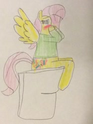 Size: 772x1034 | Tagged: safe, artist:snipiper, fluttershy, pegasus, pony, blushing, but why, embarrassed, female, flutterpiss, implied pissing, solo, toilet, traditional art