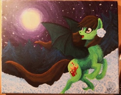 Size: 3800x2976 | Tagged: safe, artist:mesuyoru, oc, oc:night flare, bat pony, pony, acrylic painting, bat wings, brown mane, flower, fluffy, forest, happy, long mane, long tail, moon, night, on hind legs, painting, rose, solo, starry night, traditional art, white rose, wings
