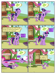 Size: 612x802 | Tagged: safe, artist:newbiespud, artist:winged cat, edit, edited screencap, screencap, pinkie pie, twilight sparkle, unicorn twilight, dragon, earth pony, pony, unicorn, collaboration, comic:friendship is dragons, too many pinkie pies, comic, dialogue, ducking, eyes closed, female, glowing horn, horn, jumping, looking up, male, mare, one eye closed, salute, screencap comic, slit eyes, wink