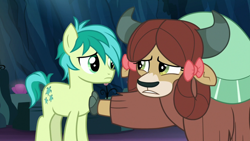 Size: 1920x1080 | Tagged: safe, screencap, sandbar, yona, earth pony, pony, uprooted, cave of harmony, cloven hooves, comforting, cute, duo, female, friends, good intentions gone wrong, horns, looking at each other, male, monkey swings, sandabetes, teenager, upset, yonadorable