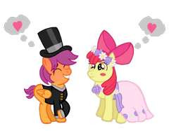 Size: 2732x2048 | Tagged: safe, artist:turnaboutart, apple bloom, scootaloo, scooteroll, earth pony, pegasus, pony, fanfic:twilight and skaterloo: mother and son, a canterlot wedding, blushing, blushing profusely, bow, clothes, colt, dress, female, filly, flower, flower filly, flower girl, flower girl dress, flower in hair, hair bow, half r63 shipping, hat, heart, male, requested art, rule 63, scootabloom, scooterbloom, shipping, simple background, straight, suit, thought bubble, top hat, transparent background