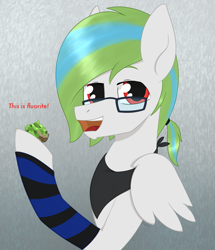 Size: 1719x1995 | Tagged: safe, artist:dyonys, oc, oc:rainfall, pegasus, pony, accessories, bust, clothes, glasses, looking at you, male, mineral, open mouth, scarf, sock, solo, stallion, text, wings