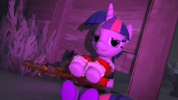 Size: 1192x670 | Tagged: safe, alternate version, artist:marianokun, twilight sparkle, twilight sparkle (alicorn), alicorn, pony, 3d, australium, christmas, festive, gun, holiday, pony only, purple, purple lightning, rifle, sniper rifle, snow, source filmmaker, team fortress 2, tired, weapon