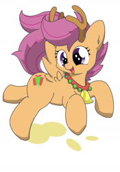 Size: 1286x1832 | Tagged: safe, artist:yasumitsu, artist:yasumitsu_shiba, scootaloo, deer, pegasus, pony, reindeer, animal costume, antlers, bell, bell collar, christmas, collar, costume, cute, cutealoo, female, filly, holiday, open mouth, pixiv, reindeer antlers, reindeer costume, simple background, solo, white background