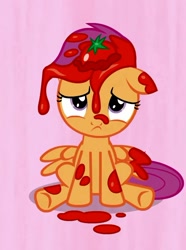 Size: 604x813 | Tagged: safe, screencap, scootaloo, pegasus, pony, one bad apple, abuse, female, filly, food, messy, sad, scootabuse, solo, tomato