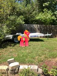 Size: 3024x4032 | Tagged: safe, photographer:undeadponysoldier, big macintosh, earth pony, pony, augmented reality, fence, gameloft, irl, male, photo, ponies in real life, solo, stallion, trailer, tree